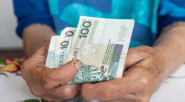 Dłonie trzymają banknoty 100 zł. Zastanawiasz się, ile wynosi najniższa emerytura z ZUS?
