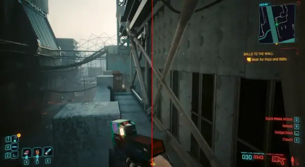 Widok z gry Cyberpunk 2077, gdzie gracz czeka na zadanie "Balls to the Wall". Okluzja otoczenia podkreśla mroczny, miejski krajobraz.