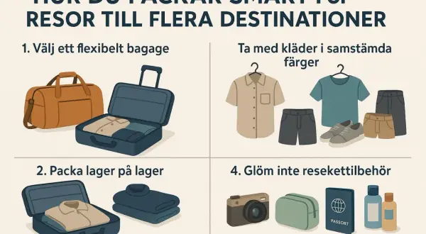 Packa smart för resor! Bilden visar hur du väljer flexibelt bagage, kläder i samstämmiga färger, packar lager på lager och inte glömmer resetillbehör som kamera och pass. Bra cykel utrustning är också viktigt!