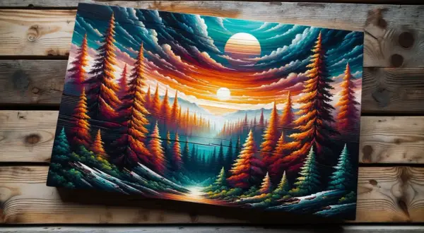 Peinture acrylique vibrante d'une forêt de pins au coucher du soleil, sur un support bois. Les couleurs chaudes et froides contrastent sur ce support bois pour peinture acrylique.
