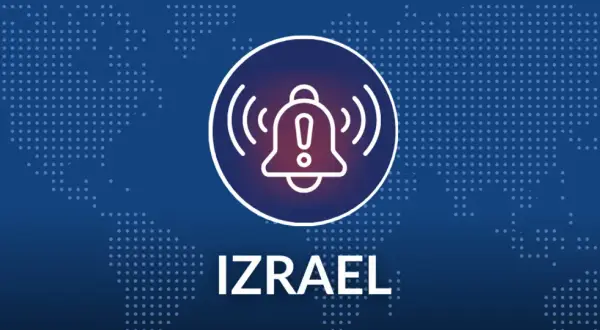 Ikona dzwonka alarmowego z wykrzyknikiem na tle mapy świata i napisem IZRAEL.