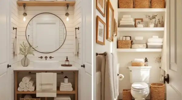 Dos baños reformados con estilo rústico. Uno con lavabo sobre mueble de madera y espejo redondo. El otro con estanterías llenas de toallas y cestas.