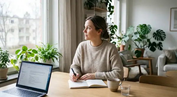 Kvinna skriver i anteckningsbok vid fönstret, omgiven av växter. Hon verkar fundera på en **gad behandling**.