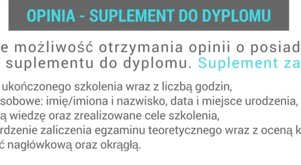 Opinia - suplement do dyplomu zawiera dane szkolenia, osobowe, wiedzę, ocenę egzaminu i pieczęcie.