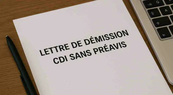 Une feuille avec "LETTRE DE DÉMISSION CDI SANS PRÉAVIS" est posée sur un bureau en bois, à côté d'un stylo et d'un ordinateur portable.