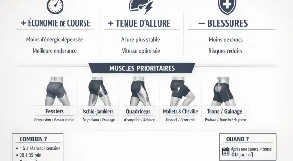 Infographie sur les bénéfices d'un circuit renforcement musculaire : économie de course, tenue d'allure, moins de blessures. Muscles prioritaires : fessiers, ischios, quadriceps, mollets, tronc.
