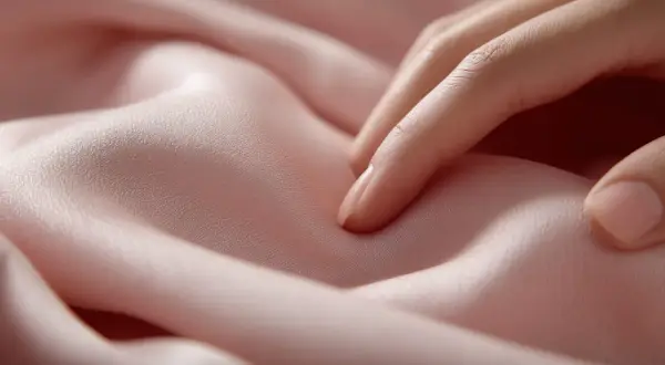 Sanfte Finger streicheln über zarten, rosafarbenen Cupro Stoff. Das Material fühlt sich kühl an, als würde es nicht schwitzen, und umhüllt die Haut wie eine zweite Haut.