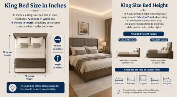 A king size bed measures 72 inches wide and 78 inches long, offering ample space for comfortable sleep.