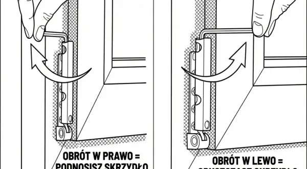 Regulacja docisku okna: obrót kluczem w prawo podnosi skrzydło, w lewo opuszcza.