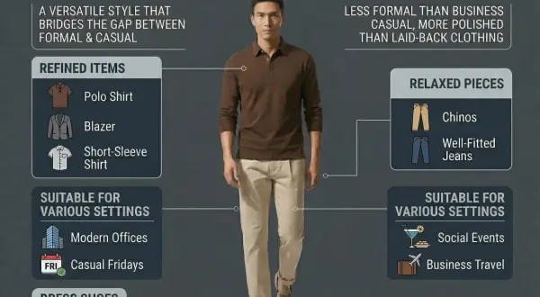 Mann im Smart Casual Look: braunes Poloshirt, Chinos, Loafers. Ideal für moderne Büros und Casual Fridays.