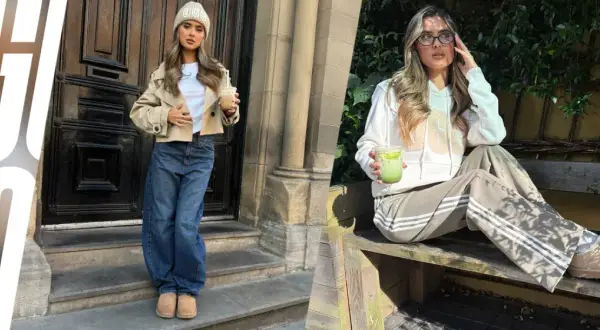 Due donne mostrano come vestono gli UGG: una con jeans larghi e giacca corta, l'altra con felpa e pantaloni sportivi.