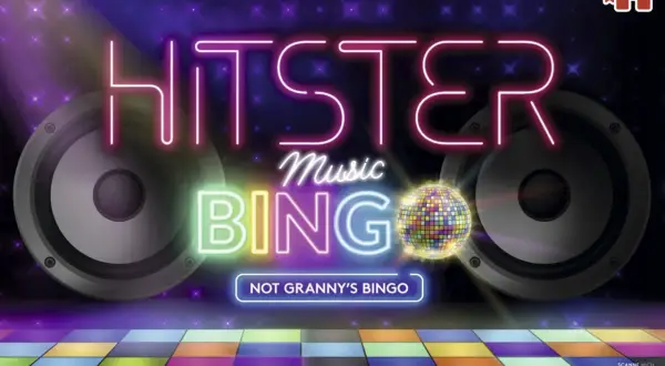 Hitster Bingo: gra, w której tworzysz linie, słuchając największych hitów wszech czasów. Kolorowa dyskoteka i głośniki tworzą atmosferę imprezy.