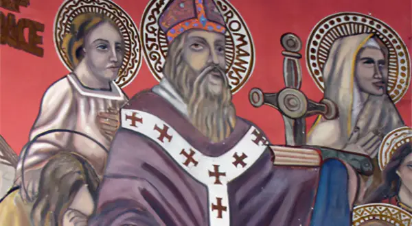 Św. Roman patron, w otoczeniu świętych, z mieczem i księgą.