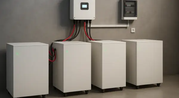 Białe moduły magazynu energii podłączone do falownika na szarej ścianie.