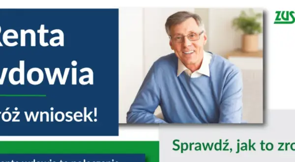 Uśmiechnięty starszy mężczyzna w okularach na tle napisu "Renta wdowia" i logo ZUS.