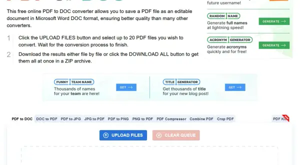 Konwertowanie z PDF do Word. Strona oferuje darmowe narzędzie do konwersji plików PDF do edytowalnego formatu Word.