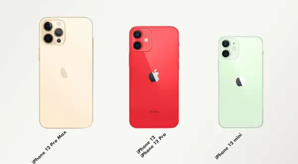 Trois iPhones côte à côte : un doré (Pro Max), un rouge (12/12 Pro) et un vert pâle (mini). La différence iPhone 12 est visible dans leurs tailles et appareils photo.