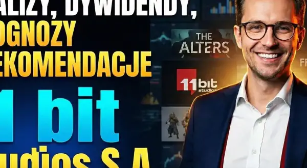 Uśmiechnięty mężczyzna w okularach na tle wykresów i logo 11 bit studios S.A.