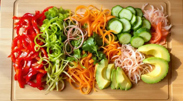 Kolorowe warzywa do sushi: paski czerwonej papryki, zielonego ogórka, marchewki, awokado, cebuli i kiełków.