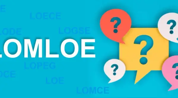 El texto "LOMLOE" destaca entre otras siglas educativas. Burbujas de diálogo con signos de interrogación sugieren dudas sobre la competencia lingüística.