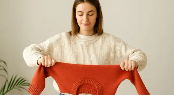 Kobieta trzyma pomarańczowy sweter, który wyraźnie skurczył się w praniu.