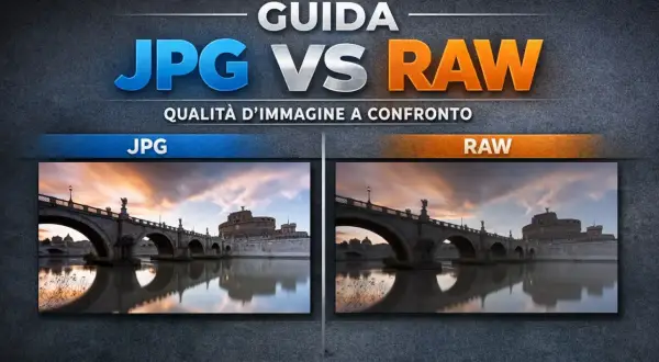 Confronto qualità immagine: JPG vs RAW. Due foto di un ponte e Castel Sant'Angelo a Roma, una in formato estensione jpeg, l'altra RAW.
