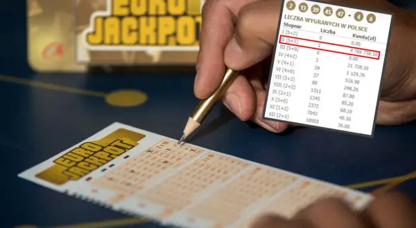 Ręka z ołówkiem nad kuponem Eurojackpot. Czy można grać w Eurojackpot za granicą? Wyniki pokazują wygrane w Polsce.