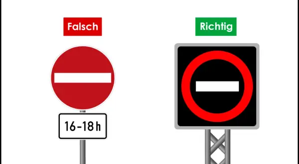 Links: Falsch, ein runder roter Schild mit weißem Balken und Zeitangabe 16-18h. Rechts: Richtig, ein rechteckiges Schild mit rotem Kreis und weißem Balken. Beide zeigen den verbot der einfahrt an.