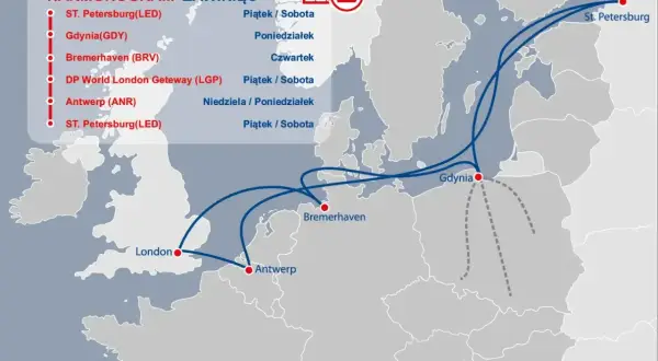 Mapa pokazuje trasy statków między St. Petersburgiem, Gdynią, Bremerhaven, Antwerpią i Londynem. Gdzie jest Londyn? Na mapie widać go na zachód od Europy kontynentalnej.