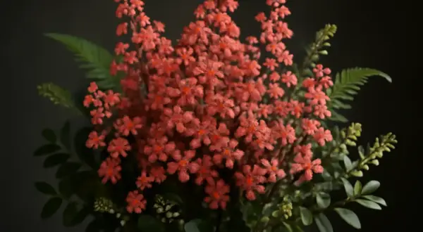 En bukett med små, korallfärgade blommor och gröna blad. Vissa sorter av alunrot är giftiga.