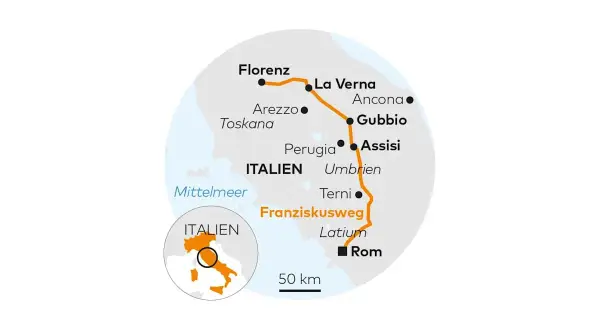Karte des Franziskusweges von Florenz nach Rom. Die Route führt durch Toskana, Umbrien und Latium, vorbei an Orten wie Assisi.