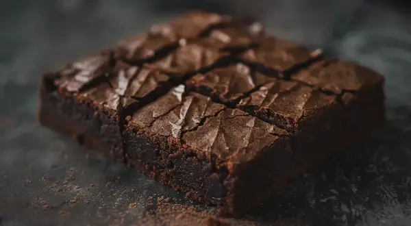 En saftig fudge brownie, uppdelad i bitar, med en härlig spröd yta.