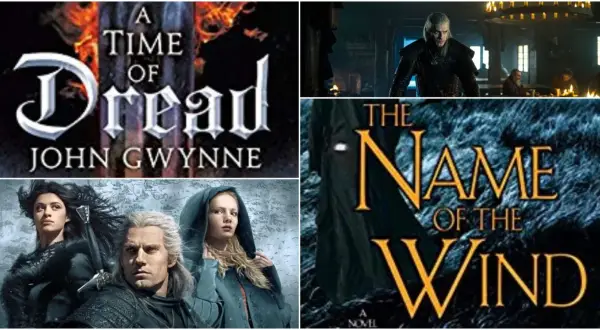 Okładki książek "A Time of Dread" i "The Name of the Wind" oraz postacie z serialu Wiedźmin. Idealne dla fanów szukających książek podobnych do Wiedźmina.