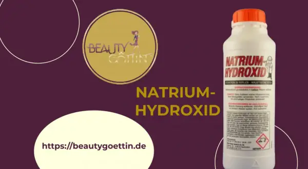 Flasche Natriumhydroxid, auch bekannt als kaustische Soda, mit Anwendungshinweisen. Website: beautygoettin.de.