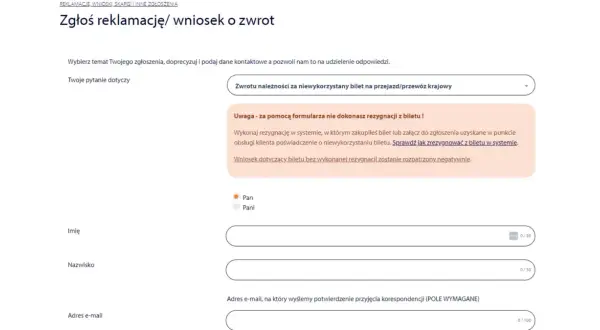 Formularz zgłoszenia reklamacji/wniosku o zwrot. Pytanie: czy można zwrócić bilet PKP Intercity.