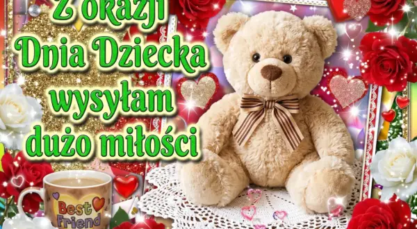 Z okazji Dnia Dziecka wysyłam dużo miłości! Uroczy miś z kokardką, róże i kubek "Best Friend" tworzą radosną kompozycję.