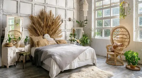 Sypialnia w stylu boho z łóżkiem, wiklinowym fotelem i dużą ilością roślin. Dominują naturalne materiały i ciepłe, ziemiste odcienie, tworząc przytulny klimat.