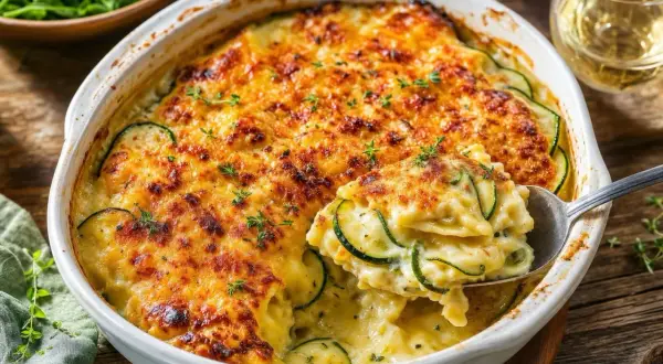 Un gratin de ravioles aux courgettes, doré et crémeux, garni de thym frais. Une cuillère en sert une portion généreuse.