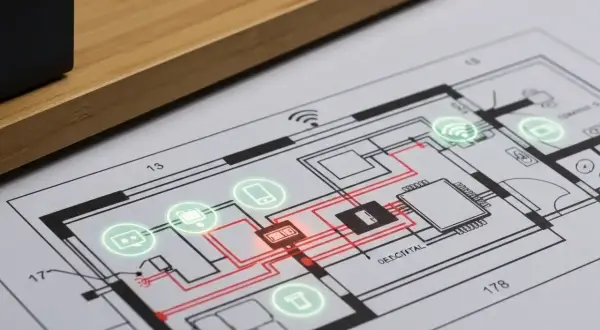 Schemat nowoczesnej instalacji elektrycznej z ikonami urządzeń i połączeń.