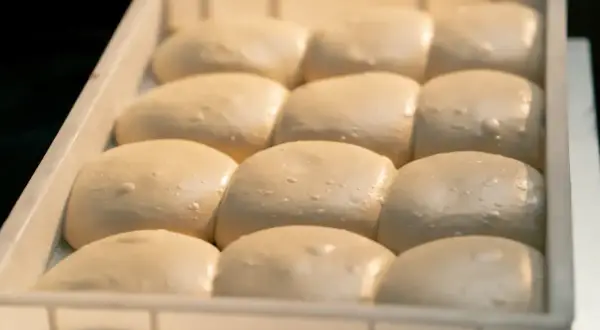 Dzielone porcje ciasta na pizzę w pojemniku, gotowe do wyrastania. Tak przechowywać ciasto na pizzę, by było idealne.