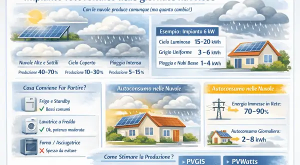 Impianto fotovoltaico: anche con nuvole, la produzione varia. Esempio: 6 kW con cielo luminoso 15-20 kWh, grigio 3-6 kWh. L'effetto fotovoltaico è sempre attivo.