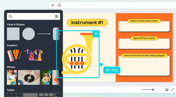 Tworzenie quizów o instrumentach muzycznych. Na ekranie widać projekt karty z pytaniami o instrumenty, z grafiką waltorni.
