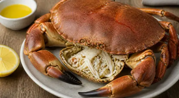 Un tourteau breton prêt à être dégusté, symbole de la saison du tourteau en Bretagne. Accompagné de citron et de beurre fondu.