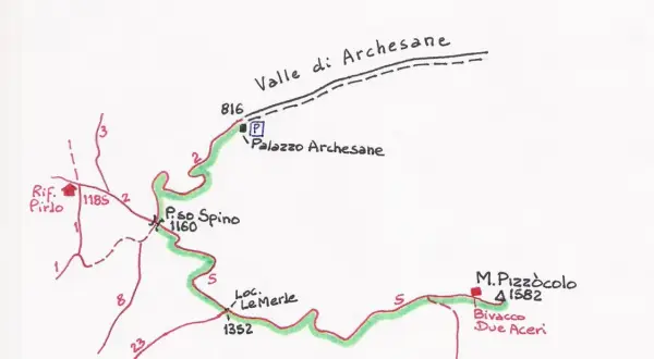 Mappa del sentiero verde che porta al Monte Pizzocolo, con Rifugio Pirdo e Bivacco Due Aceri.