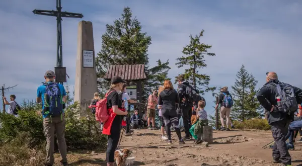Grupa turystów na szczycie Turbacz (1310 m n.p.m.). Zastanawiają się, ile jeszcze idzie się do celu.