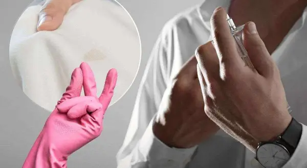 Guanto rosa mostra macchie di profumo su una camicia bianca, mentre un uomo si spruzza il profumo.