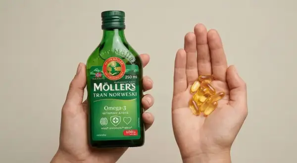 Dłoń trzyma butelkę Möller's Tran Norweski, a druga dłoń garść kapsułek z omega-3.