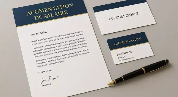 Une lettre de demande d'augmentation de salaire, une carte "Aucune réponse" et une carte de visite "Augmentation" pour Jean Dupont, Directeur.