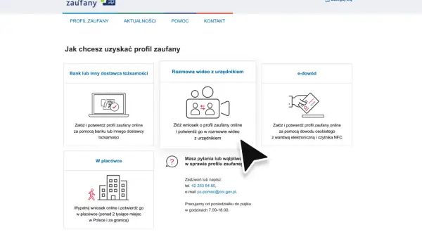 Jak założyć mBank profil zaufany? Wybierz opcję: bank, rozmowa wideo, e-dowód lub placówka.