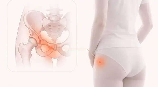Illustration av bäckenet och en kvinna som visar var stickningar i ljumsken kan kännas.